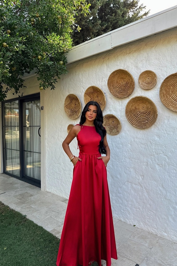 Red Satin Back Detail Long Dress