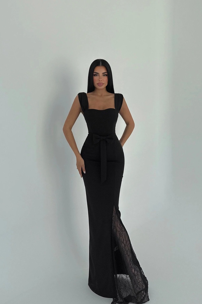 Black Remmy Slit Lace Detail Long Dress