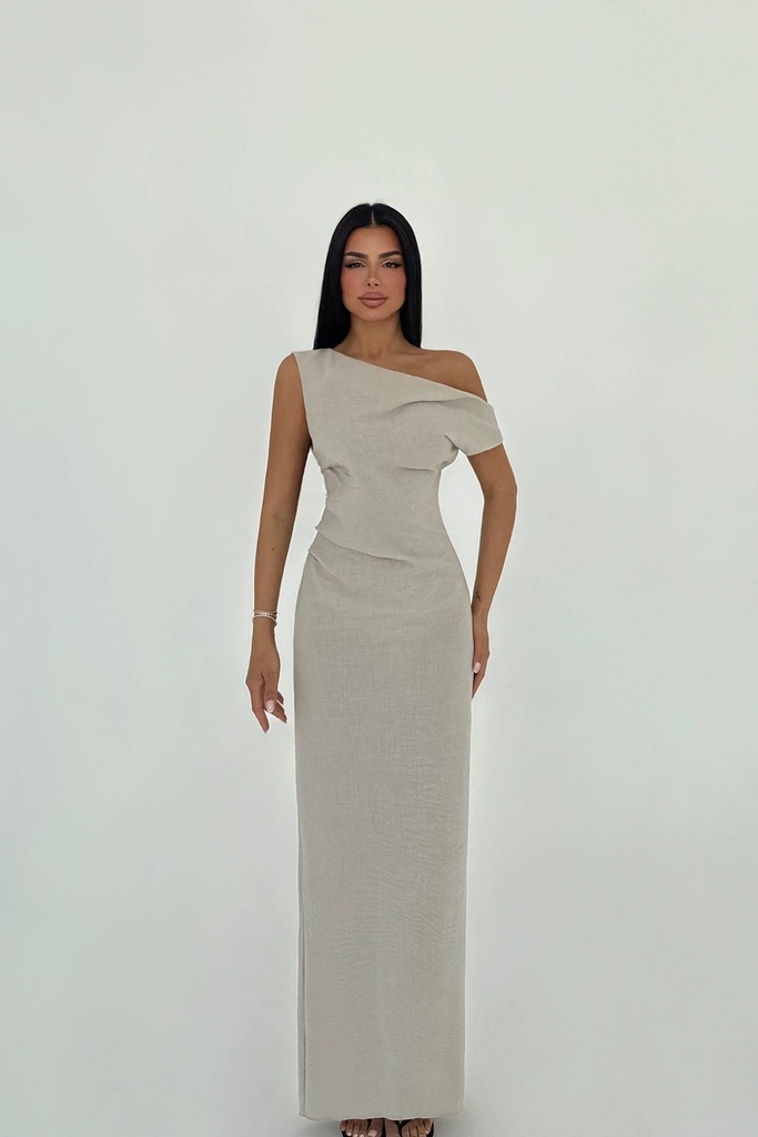 Beige Slit Detail Pleated Dress