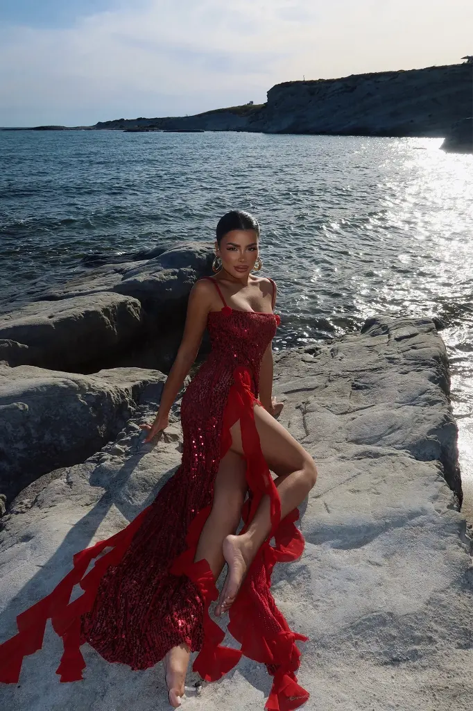 Red Paxton Sequined Long Slit Dress