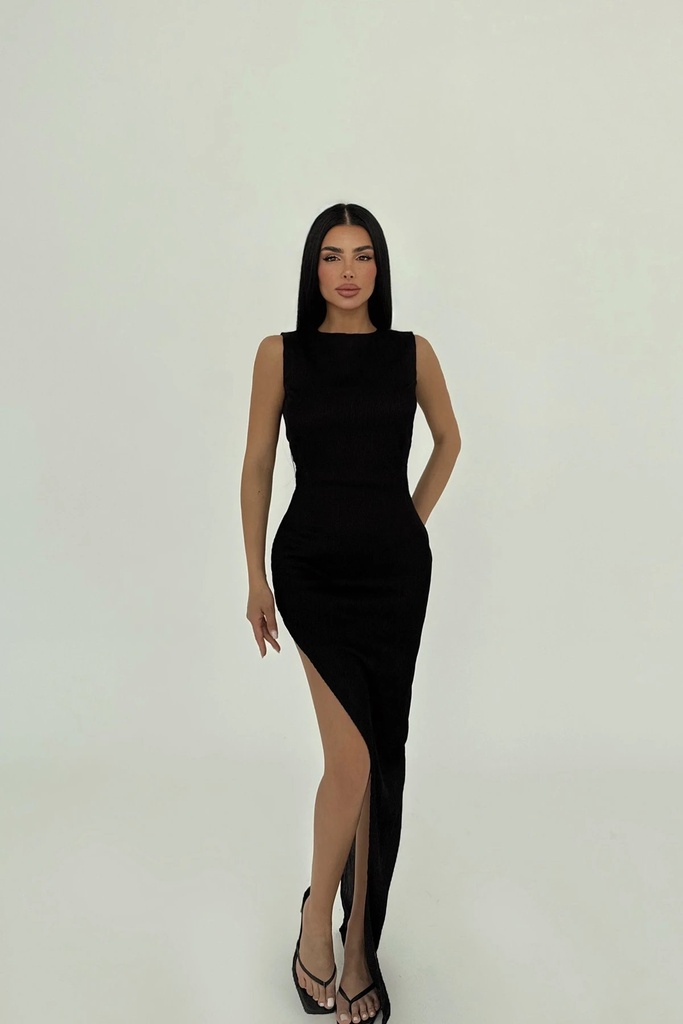 Black Deep Slit Long Dress