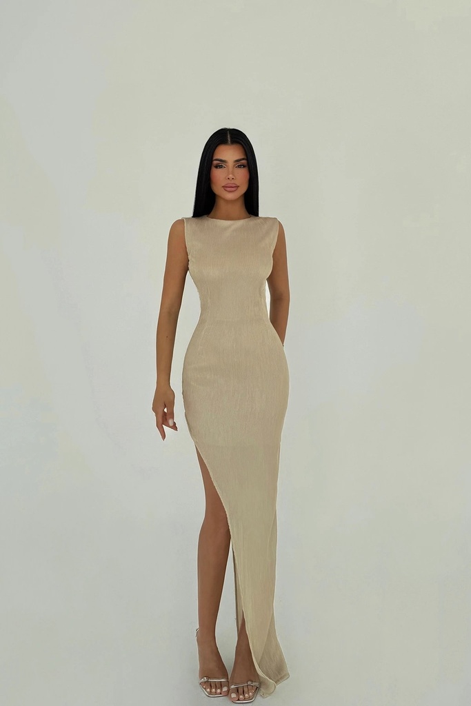 Cream Deep Slit Long Dress
