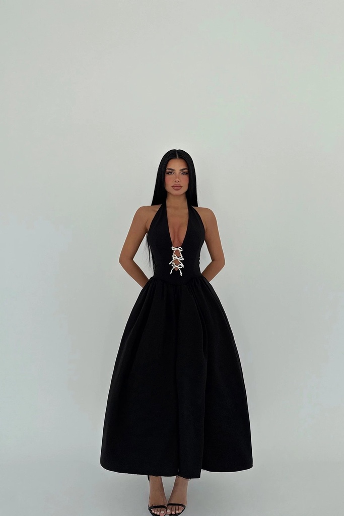 Black Ballerina Pearl Bow Detail Dress