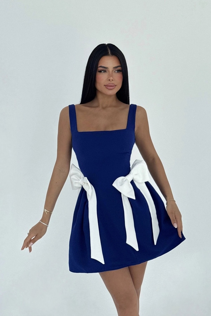 Navy Blue Bow Detailed Suspender Dress