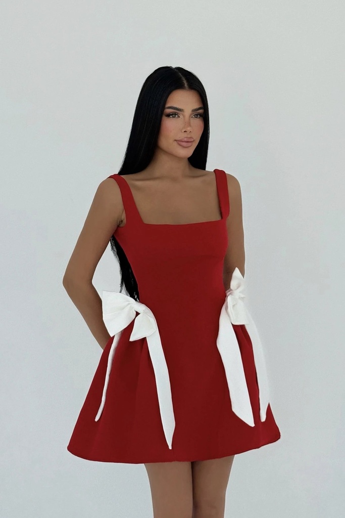Red Bow Detailed Suspender Dress