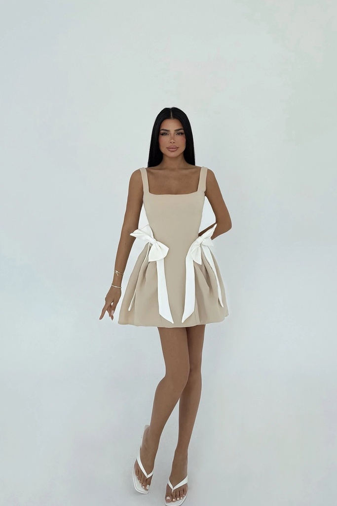Beige Bow Detailed Suspender Dress