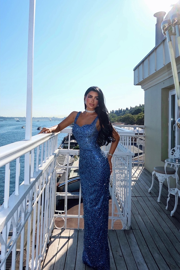 Blue Strapless Sequin Detail Dress