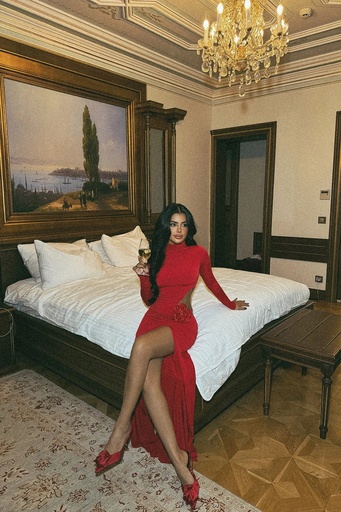 Fustan i gjatë me detaje trëndafili të kuq