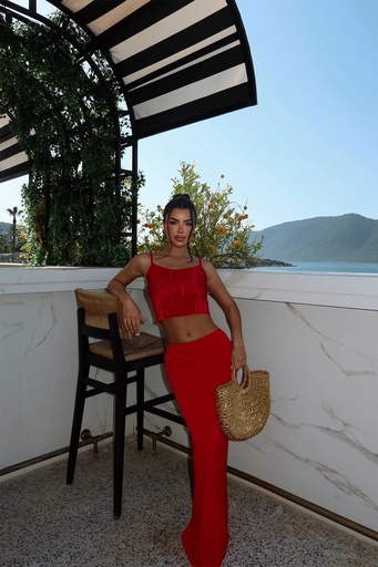 Red Suspender Skirt Suit
