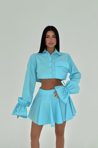 Blue Pleated Skirt Suit