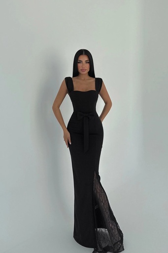 Black Remmy Slit Lace Detail Long Dress