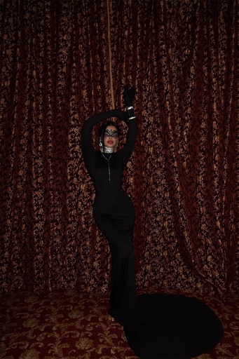 Black Maria Long Dress with Low-cut Back and Gloves