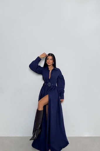 Navy Blue Belt Detail Long Dress