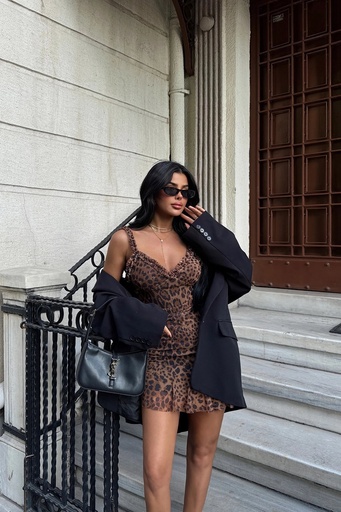 Brown Zadie Leopard Patterned Mini Tulle Dress