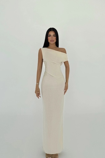 Cream Slit Detail Pleated Dress