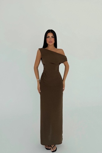 Brown Slit Detail Pleated Dress