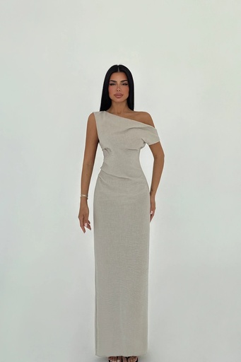 Beige Slit Detail Pleated Dress