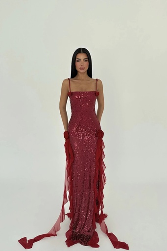 Red Paxton Sequined Long Slit Dress