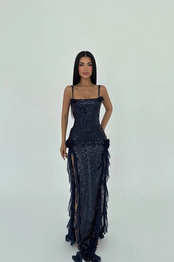 Navy Blue Paxton Sequined Long Slit Dress