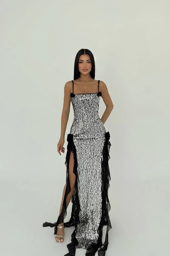 Black Paxton Sequined Long Slit Dress