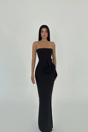 Black Rose Detail Strapless Dress