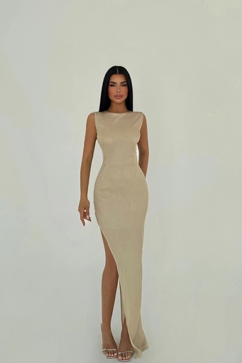 Cream Deep Slit Long Dress