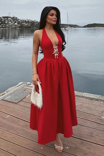 Red Ballerina Pearl Bow Detail Dress