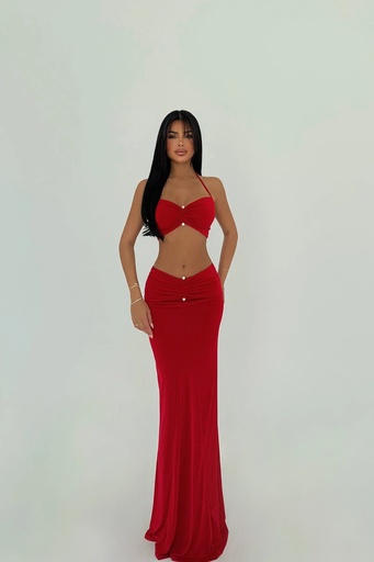 Red Pearl Detail Skirt Suit