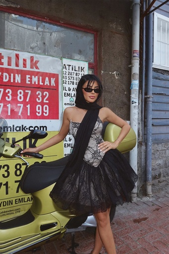 Black Lace Detail Strapless Mini Dress