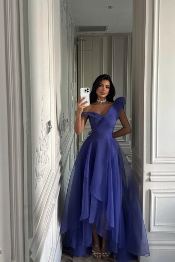 Purple Tulle Detail Long Evening Dress