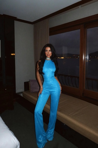 Blue Glittery Straped Evening Jumpsuit