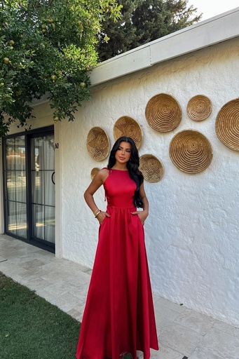 Red Satin Back Detail Long Dress
