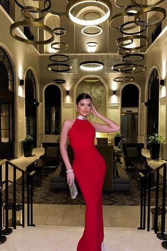 Fustan i gjatë i kuq Noah me detaj qafore